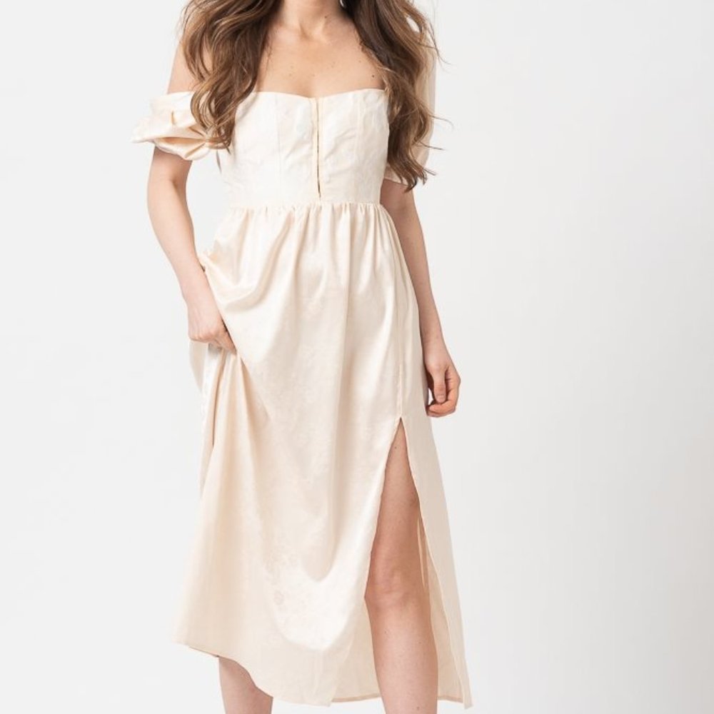 Off-Shoulder Cream Midi Dress with Side Slit